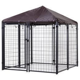 5'x 5' Outdoor Dog Kennel with Roof, Steel Dog Fence with Water-and UV-Resistant Canopy, Jet Black