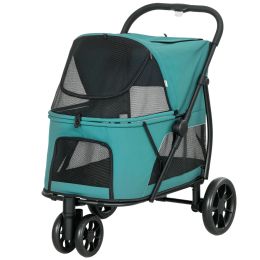 3 Wheel Pet Stroller with Easy One-Click Quick Fold, Mesh Window, Washable Cushion, for Medium Dogs, Dark Green