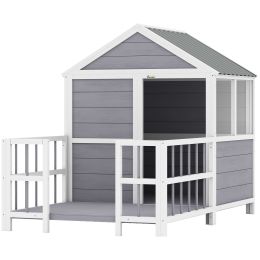 Outdoor Dog House, 61"L Wooden Dog House with Porch, Weatherproof Roof, Elevated Base, Air Vents & Observation Windows
