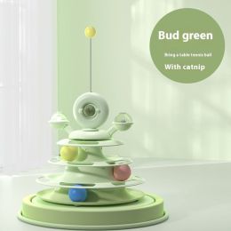 4 Levels Cat Toy Tower Turntable Roller Balls Toys Interactive Intelligence Pets Toys Training Track Puzzle Funny Games Accessories Pet Products (Option: Budding Green Table Tennis-Box Packaging)
